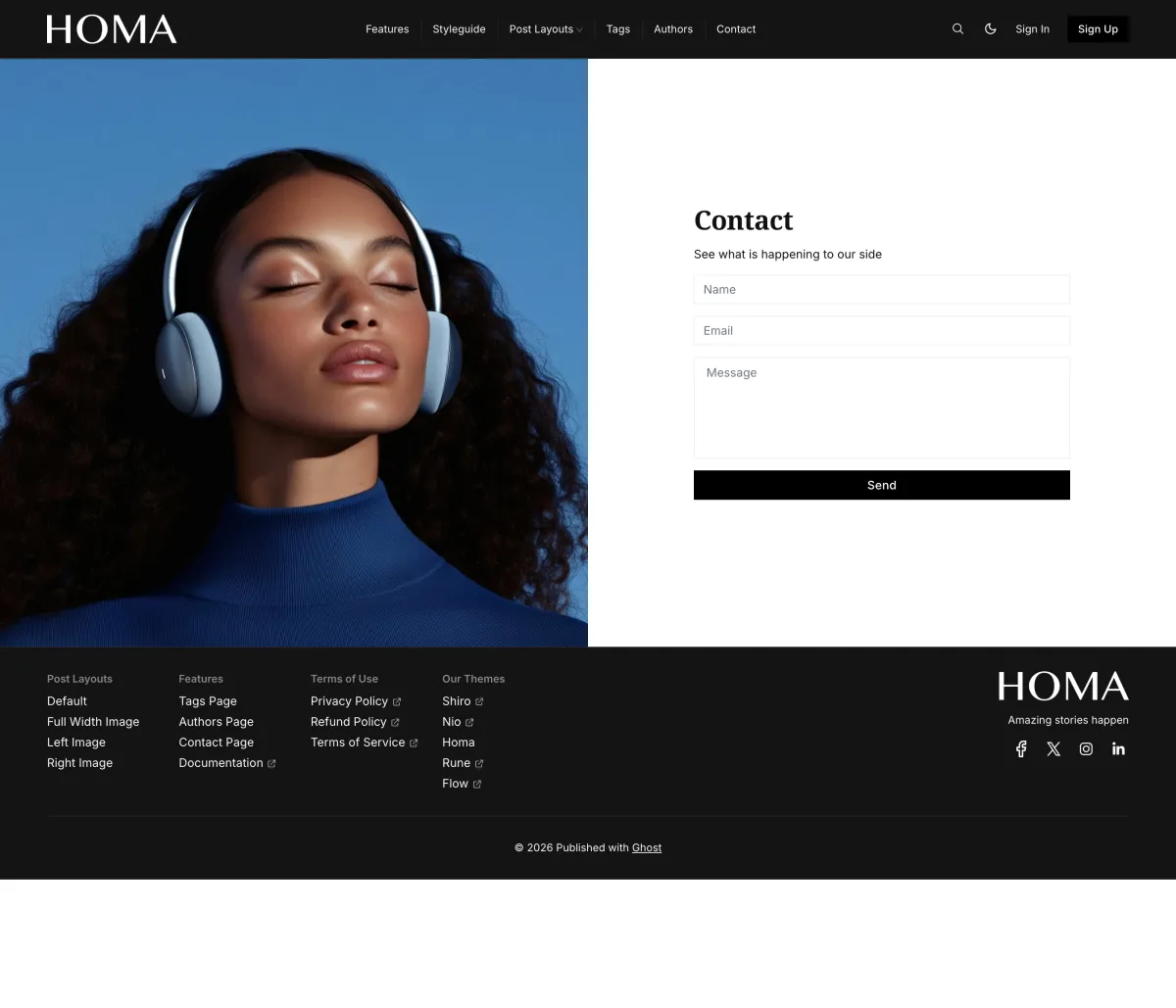 Homa contact page with the page image on the left and a name, email and message form on the right