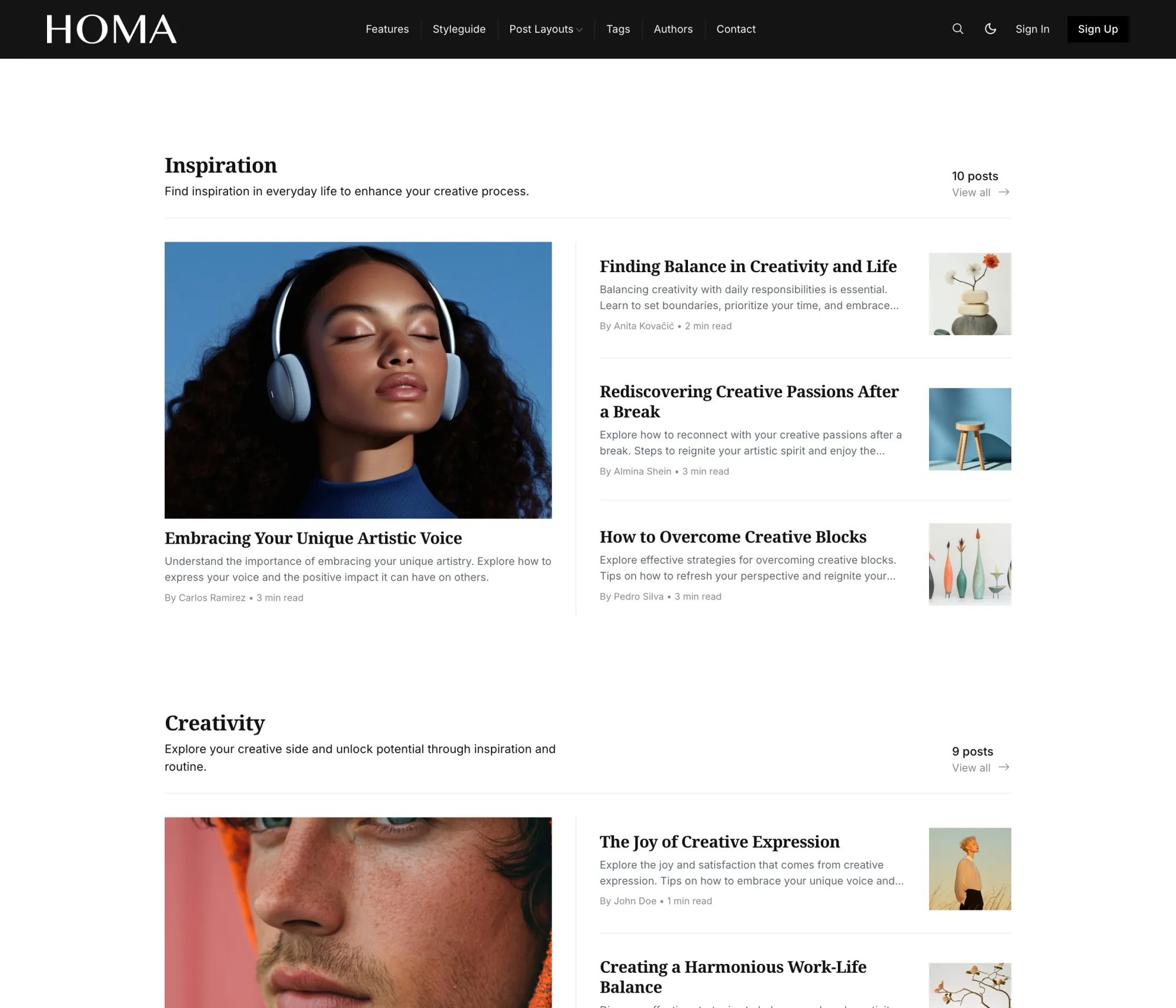 Homa Ghost theme Tags page template listing all site tags with descriptions and feature images
