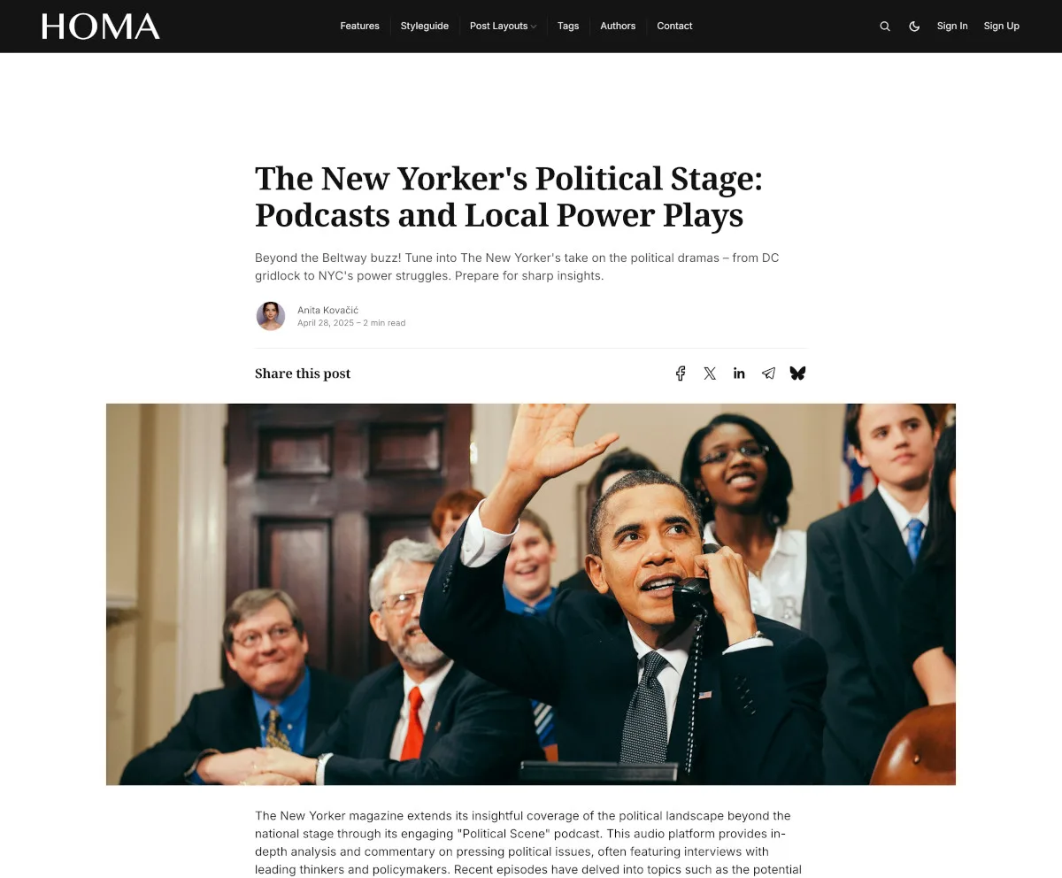 Homa Ghost theme Text First post layout with the title and content displayed above the feature image