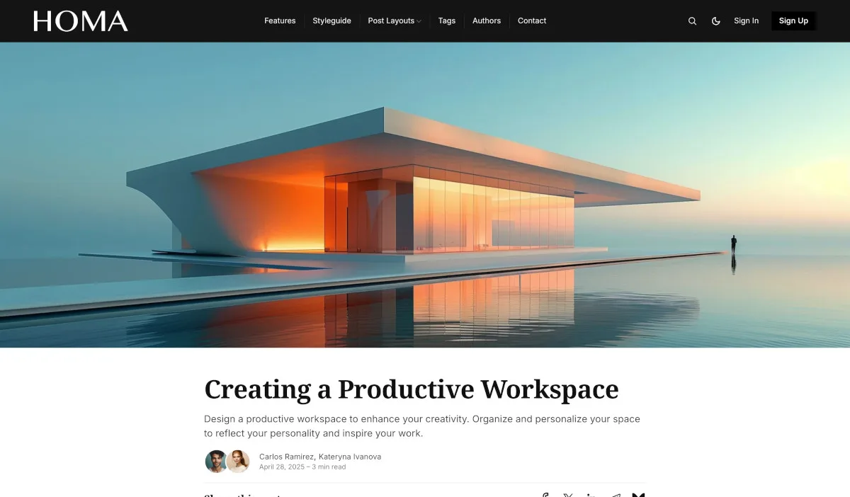 Homa Ghost theme Full Width Image post layout with a large feature image above the title and meta