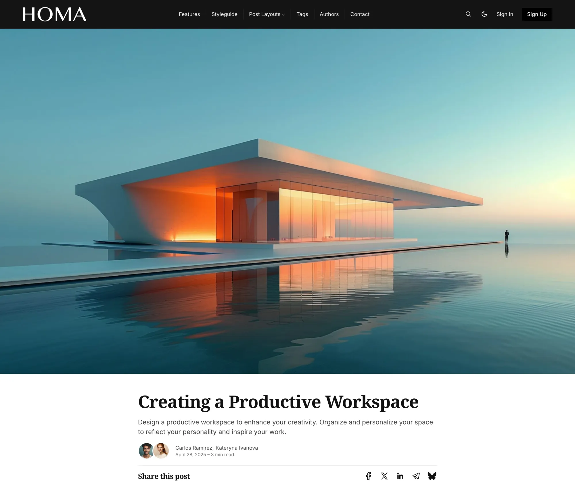 Homa Ghost theme Full Width Image post layout with a large feature image above the title and meta