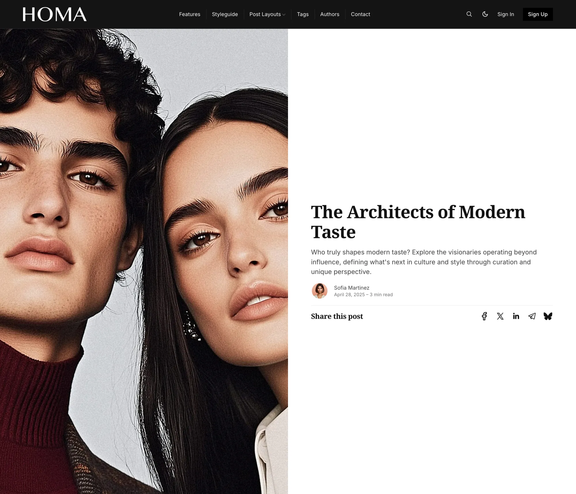 Homa Ghost theme Image Left post layout with the feature image on the left and title and meta on the right