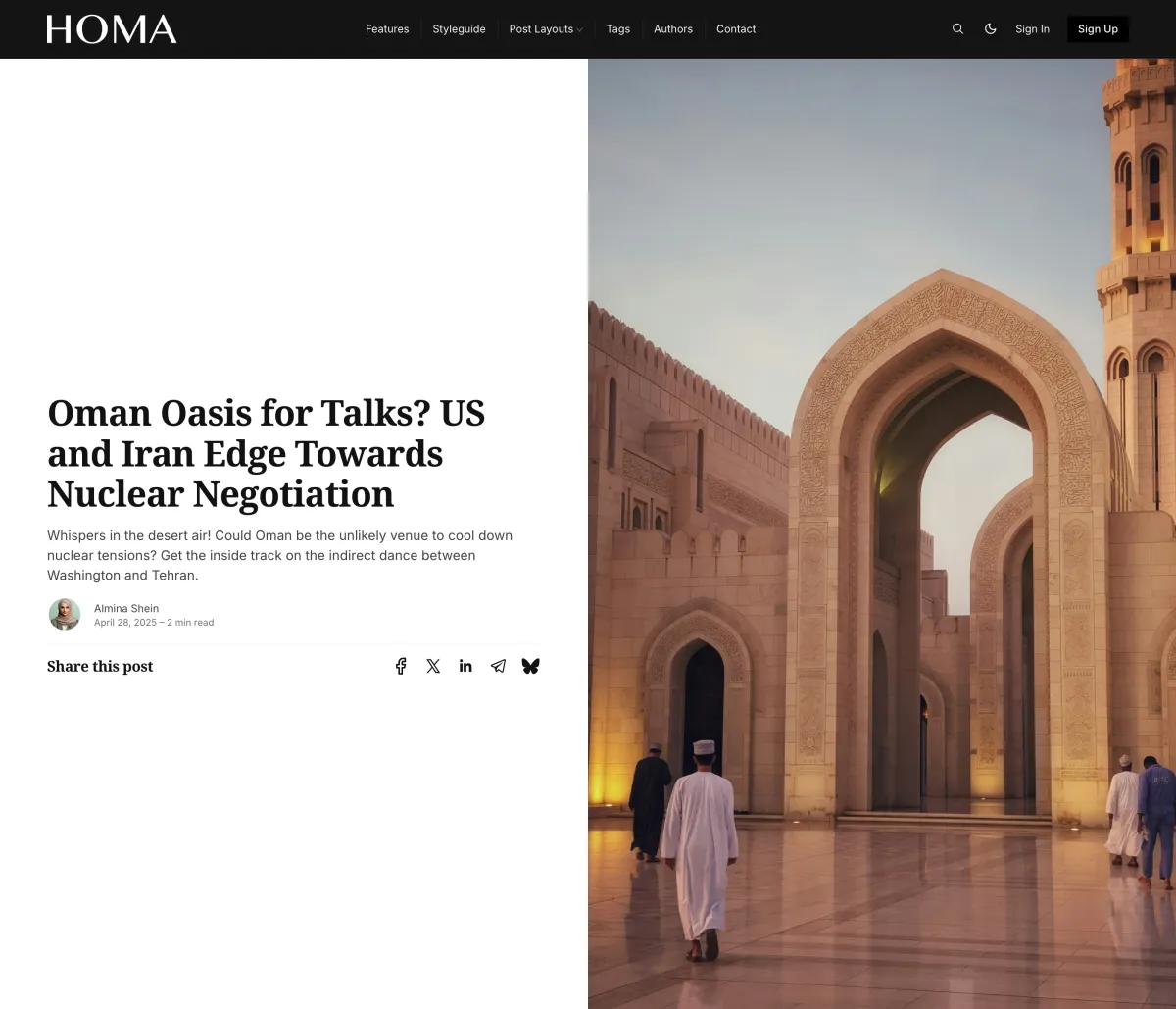 Homa Right Image post layout with the title on the left and the photograph filling the right half