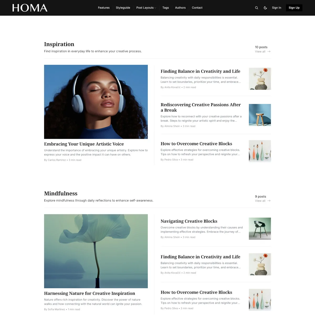 Homa Ghost theme tags archive page showing organized topic categories with descriptions and post counts