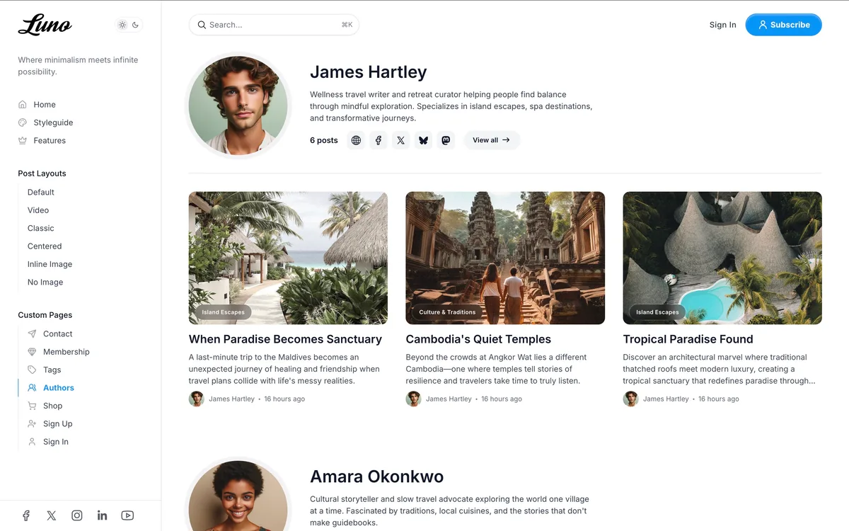 Luno Ghost theme authors listing page showing team member profiles with avatars and bio information