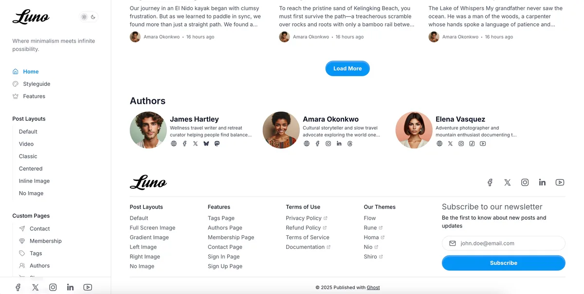 Luno Ghost theme authors carousel component showing horizontal scrollable writer profiles on homepage