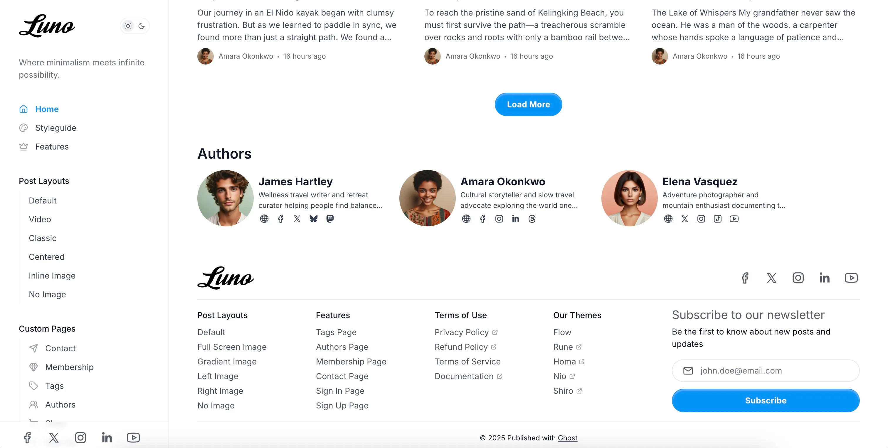 Luno Ghost theme homepage authors carousel showing writer profile images bios and social links