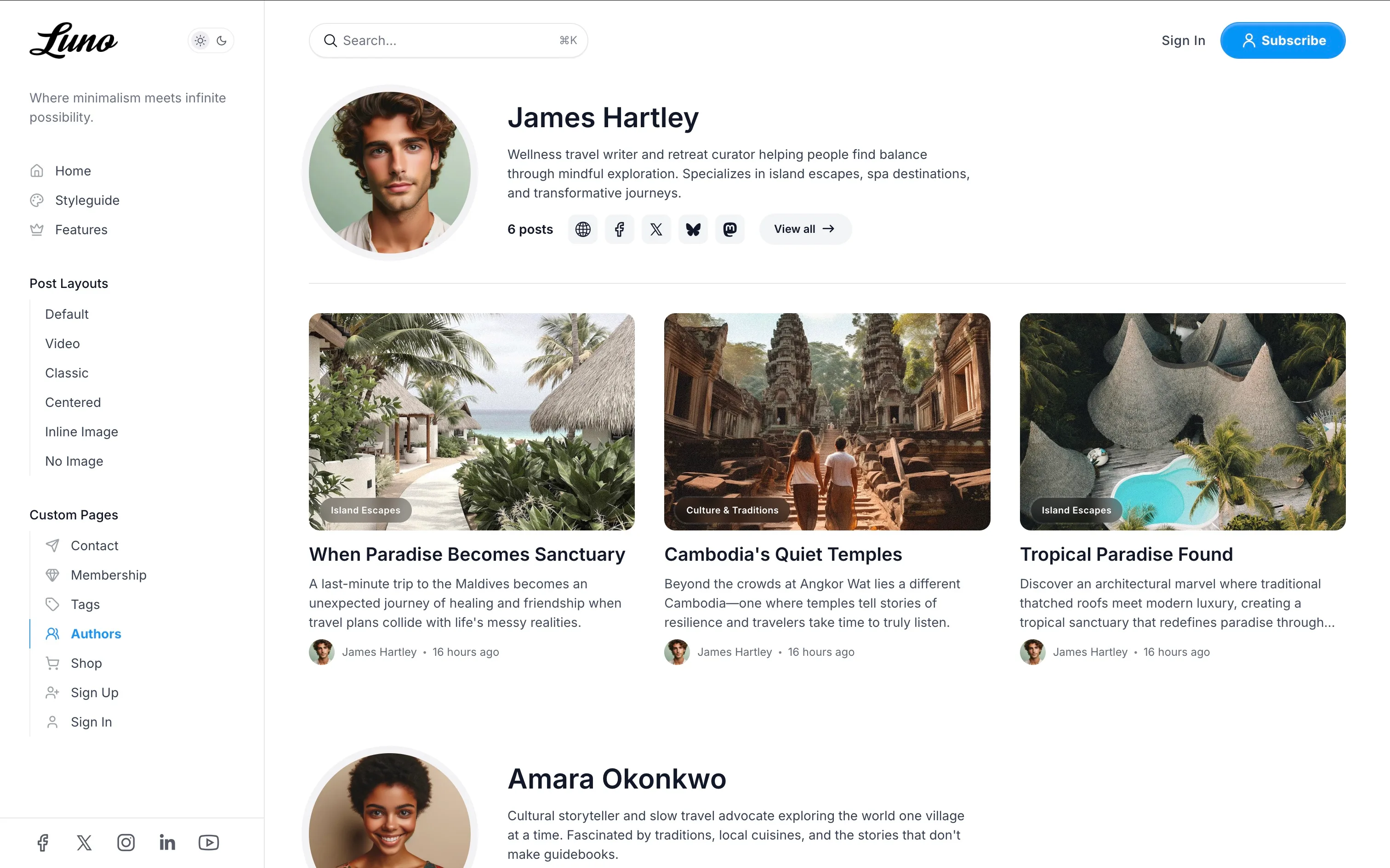 Luno Ghost theme author profile showing personal social media link icons in the bio section