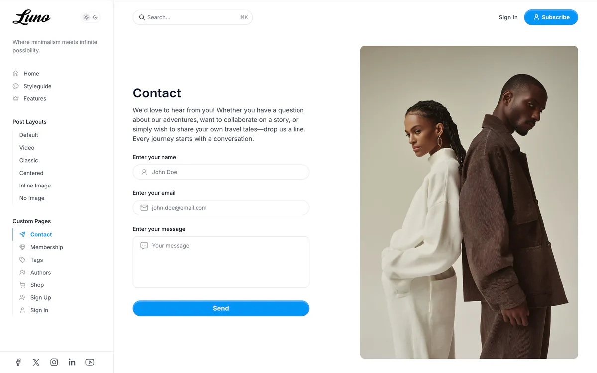 Luno Ghost theme contact page template showing styled contact form with social media links