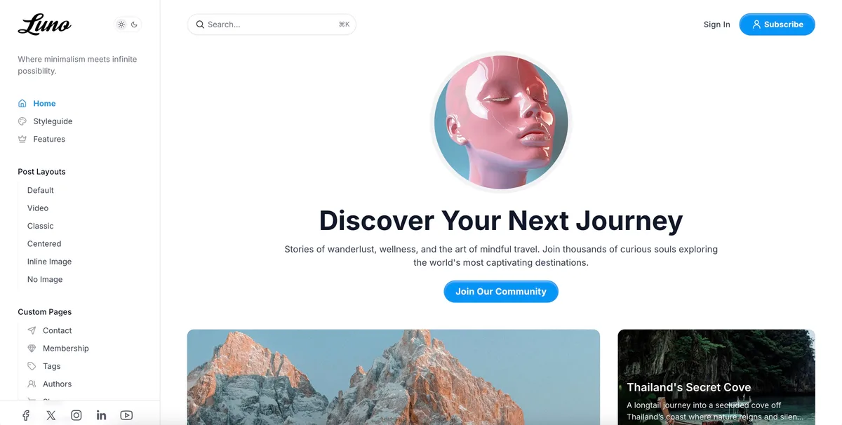 Luno Ghost theme hero layout one showing large featured post with prominent cover image on homepage
