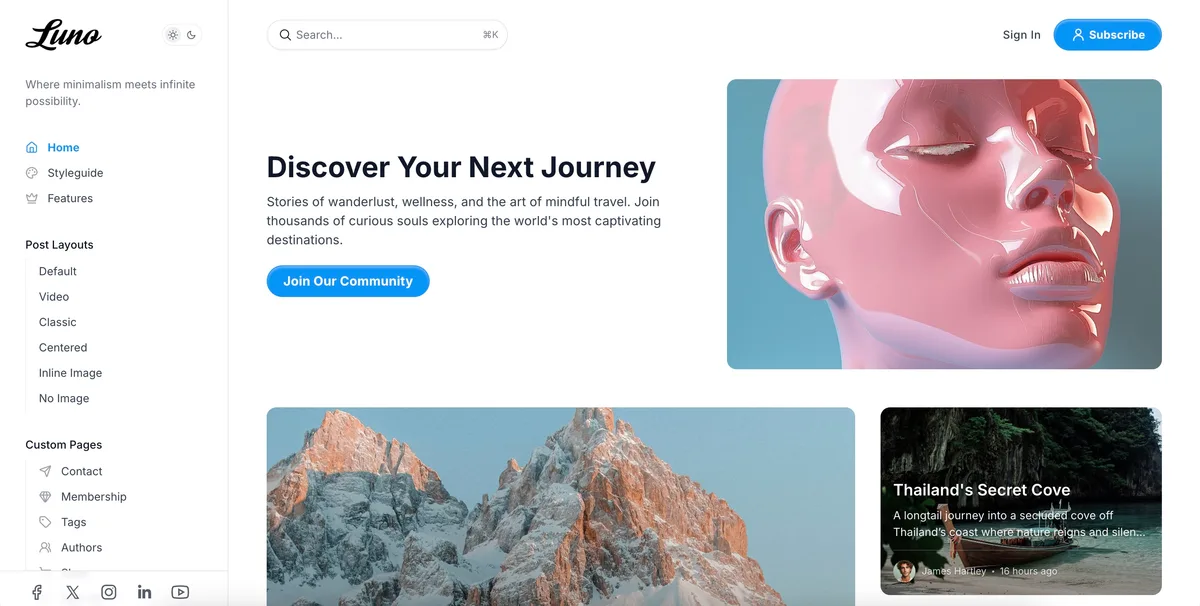 Luno Ghost theme hero layout three showing minimal text-focused design with clean whitespace