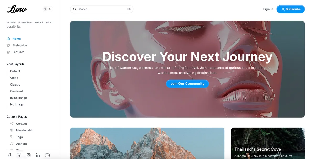 Luno Ghost theme hero layout six showing full-width featured post with bold headline overlay