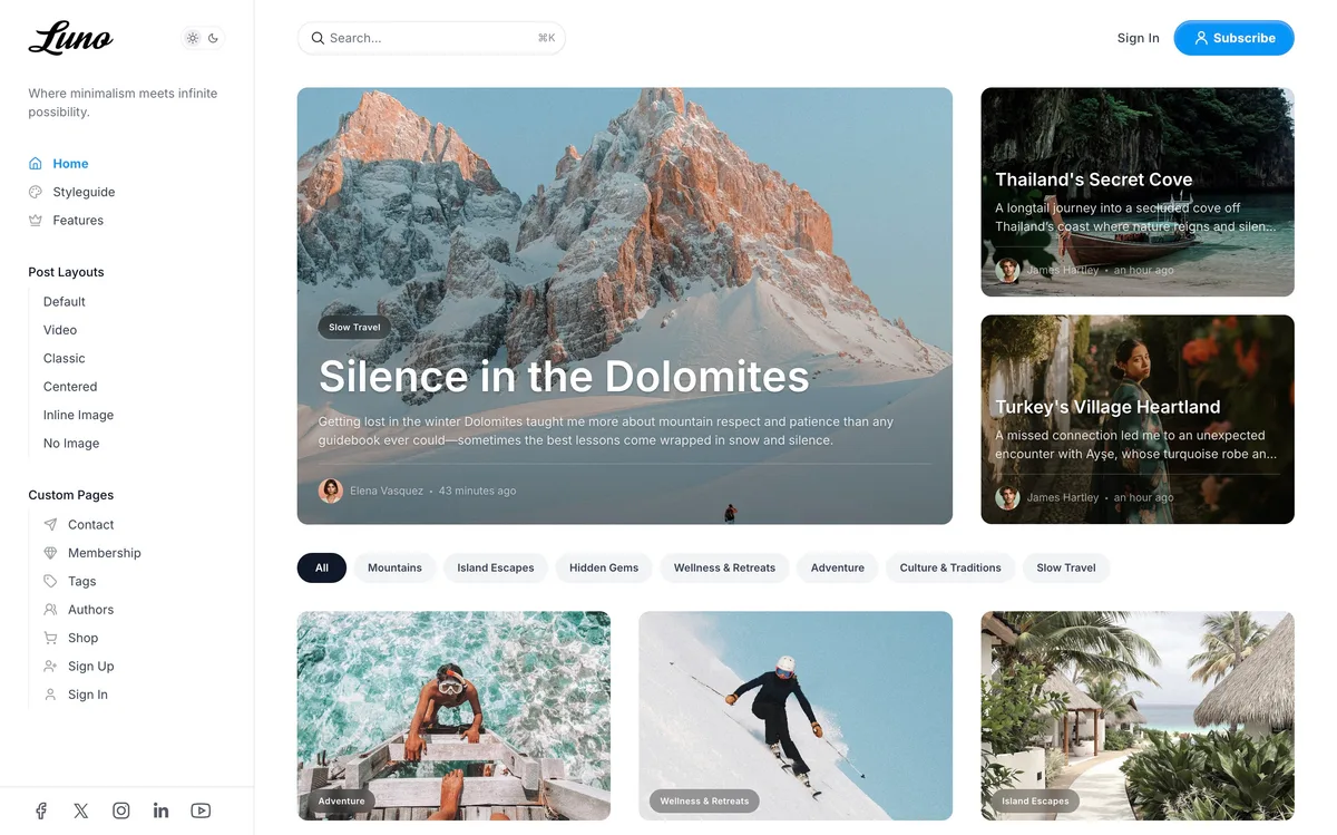 Luno Ghost theme light mode homepage showing bright white background with crisp post cards and navigation