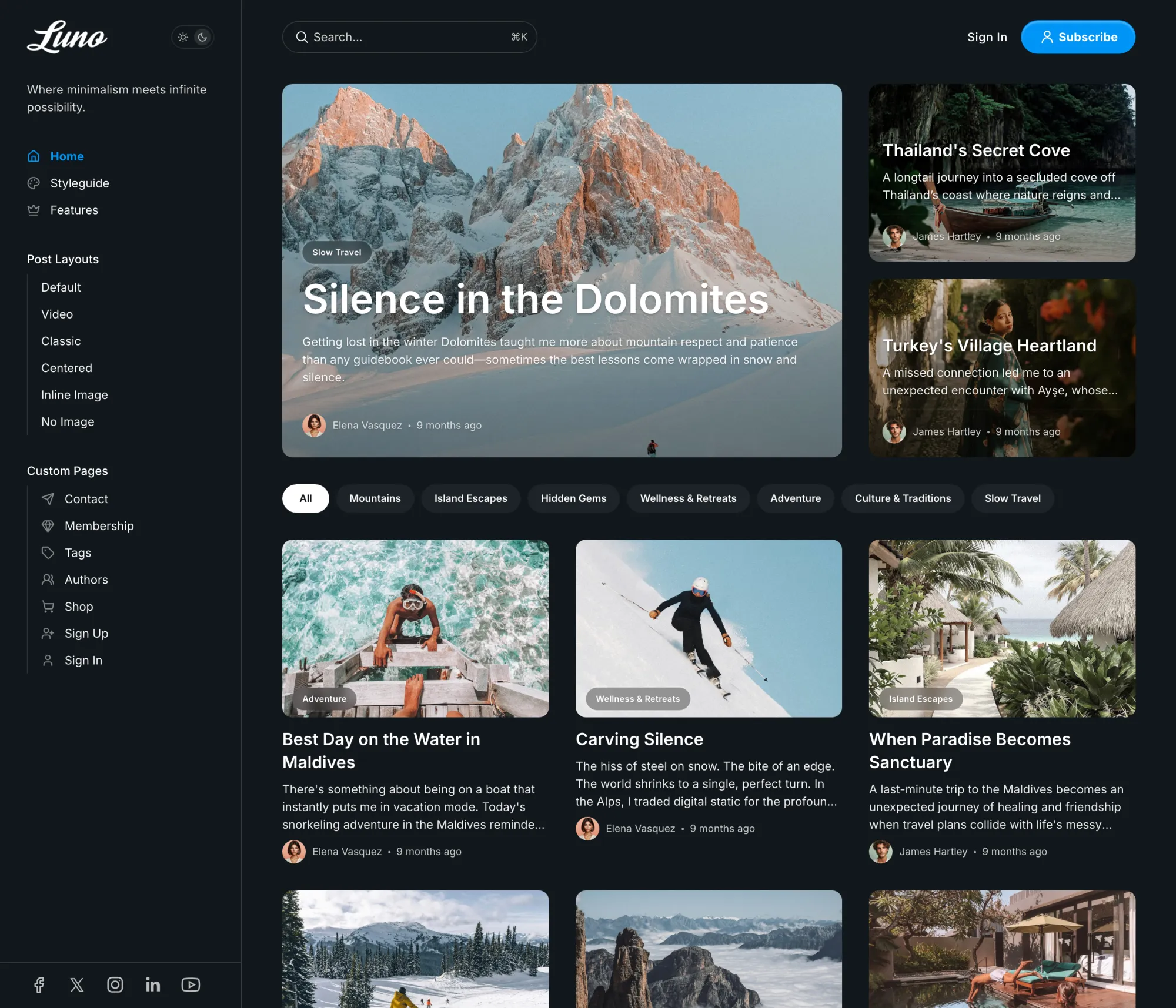 Luno Ghost theme homepage in dark color scheme with dark background and light text