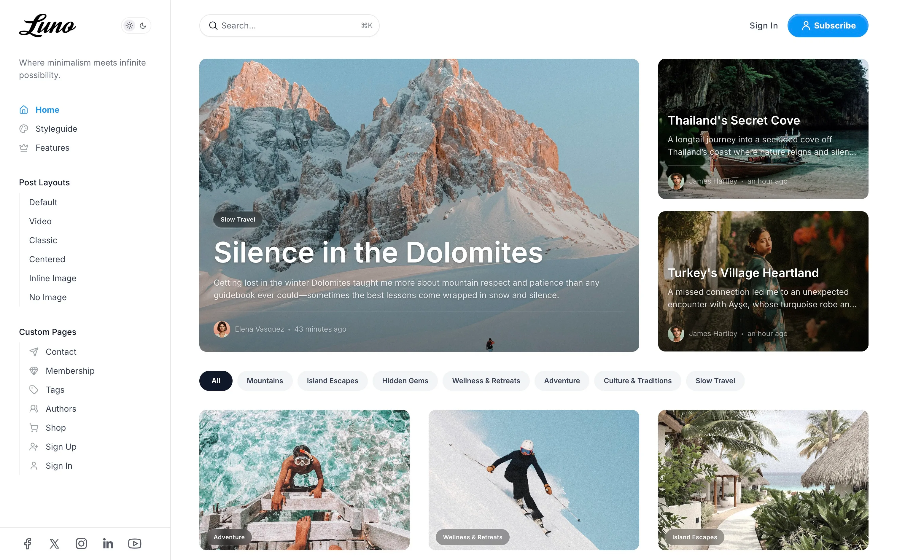 Luno Ghost theme homepage in light color scheme with bright background and dark text