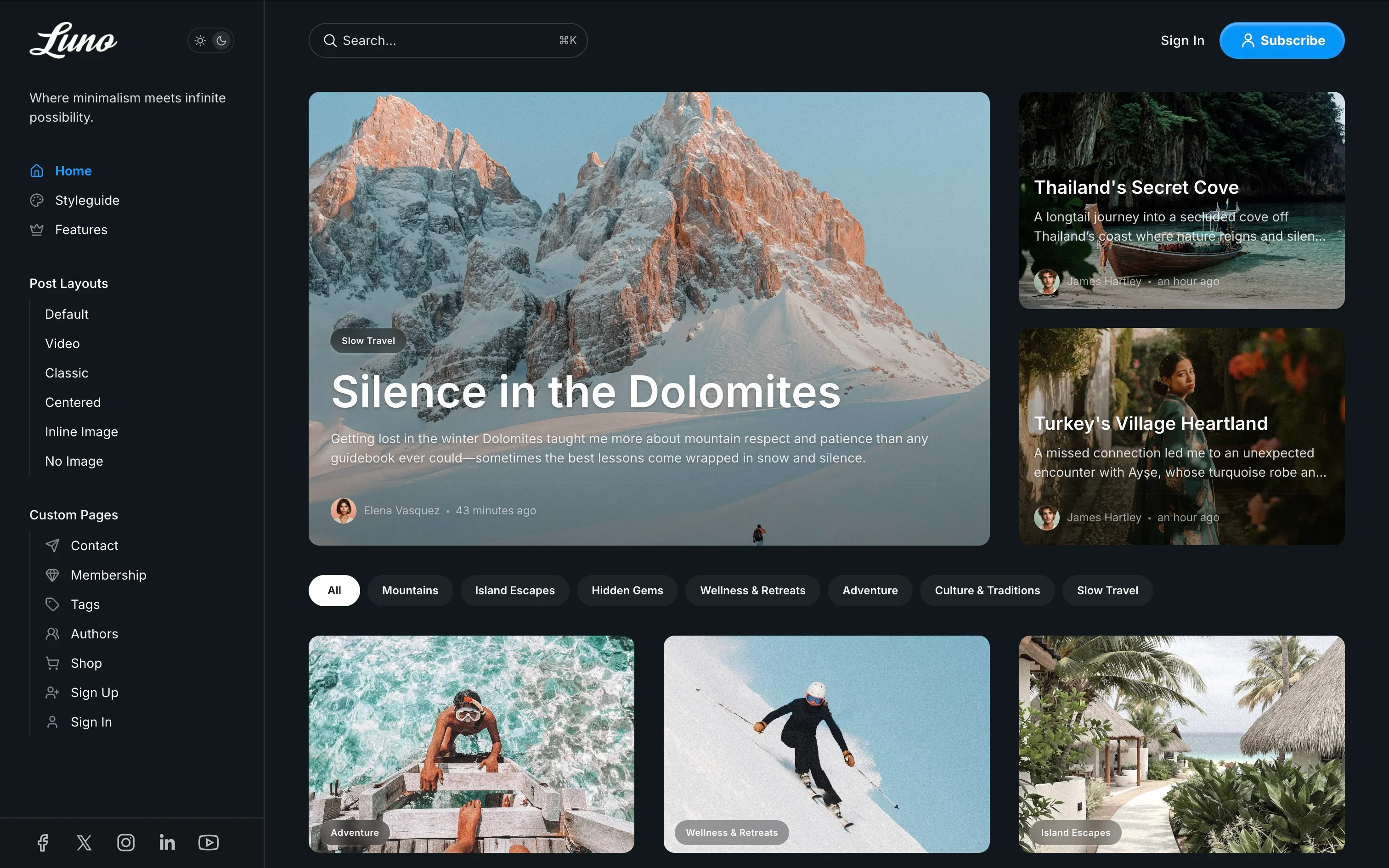 Luno Ghost theme homepage in dark color scheme with dark background and light text