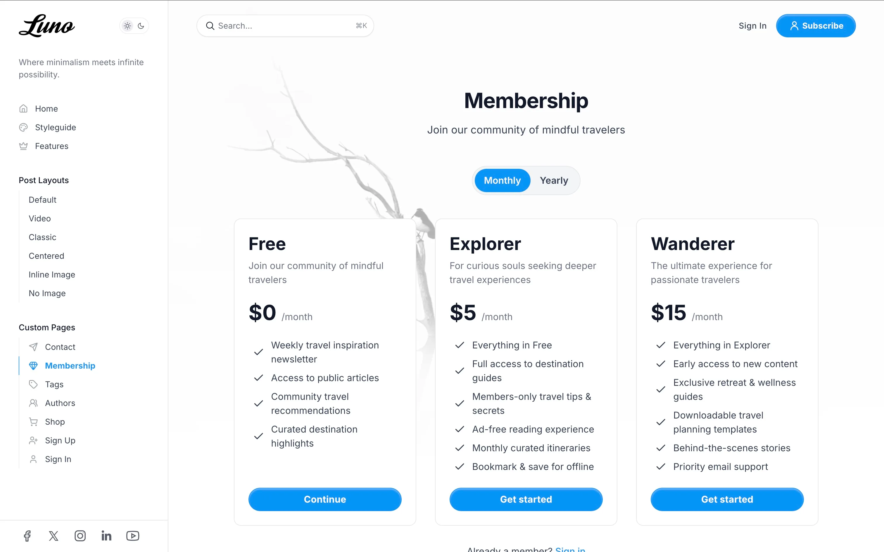 Luno Ghost theme Membership page template displaying subscription pricing tiers for visitors to join