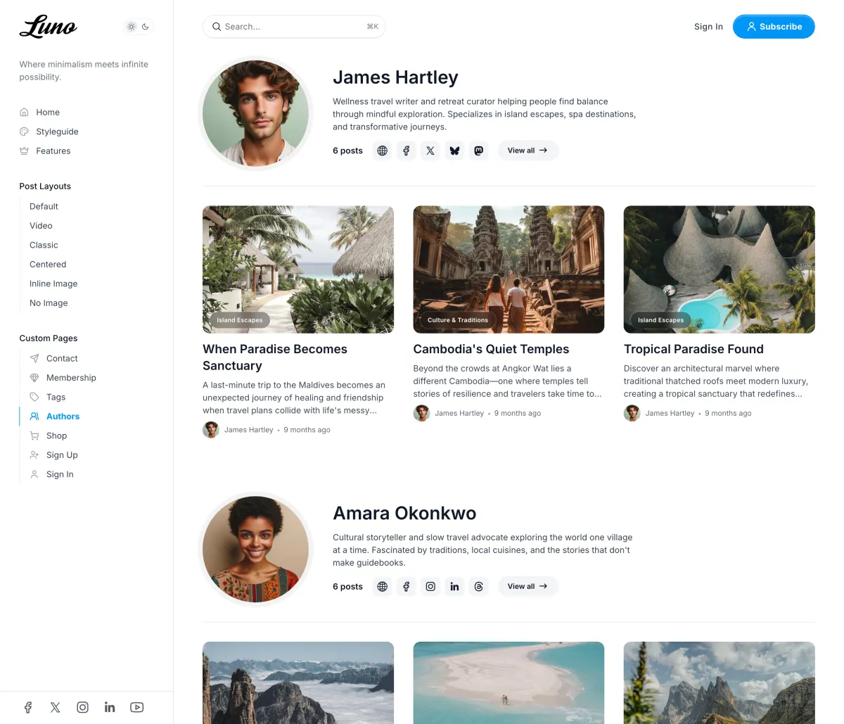 Luno authors page with each author's avatar, bio, social links and three latest posts