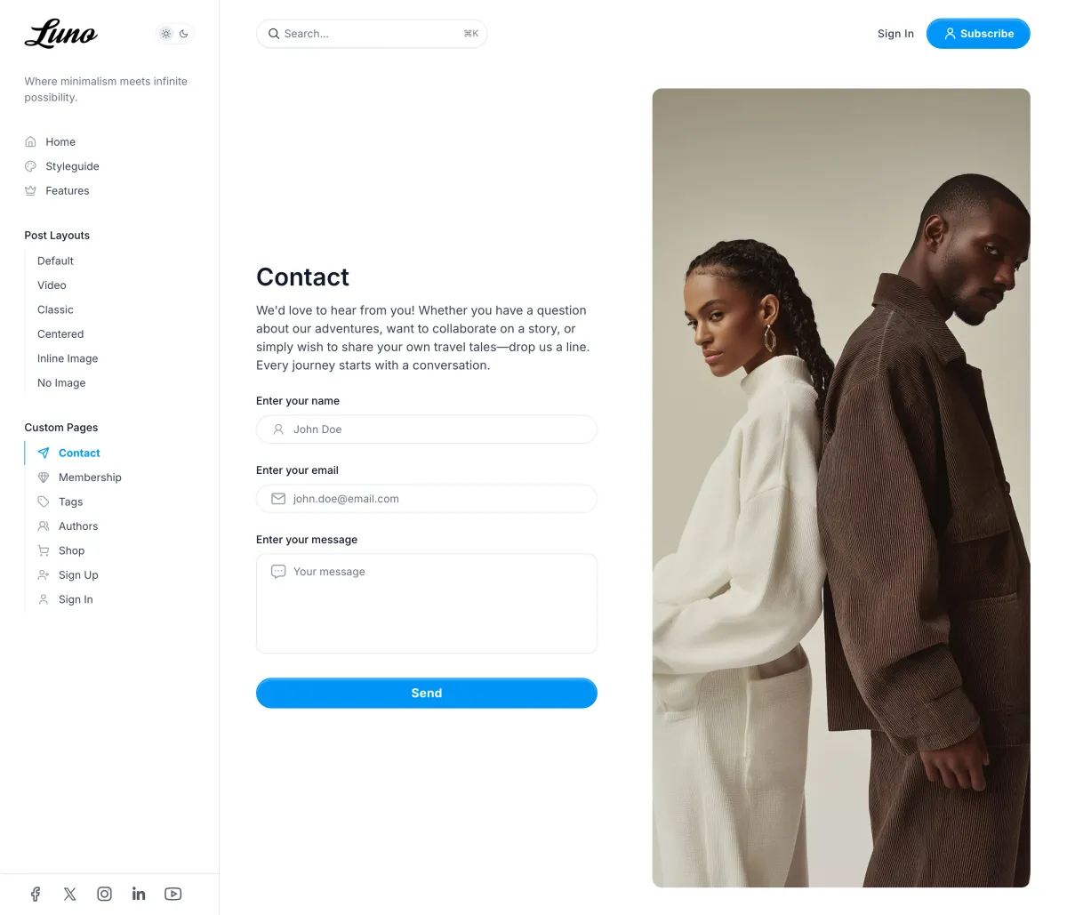 Luno contact page with a form on the left and a photograph on the right