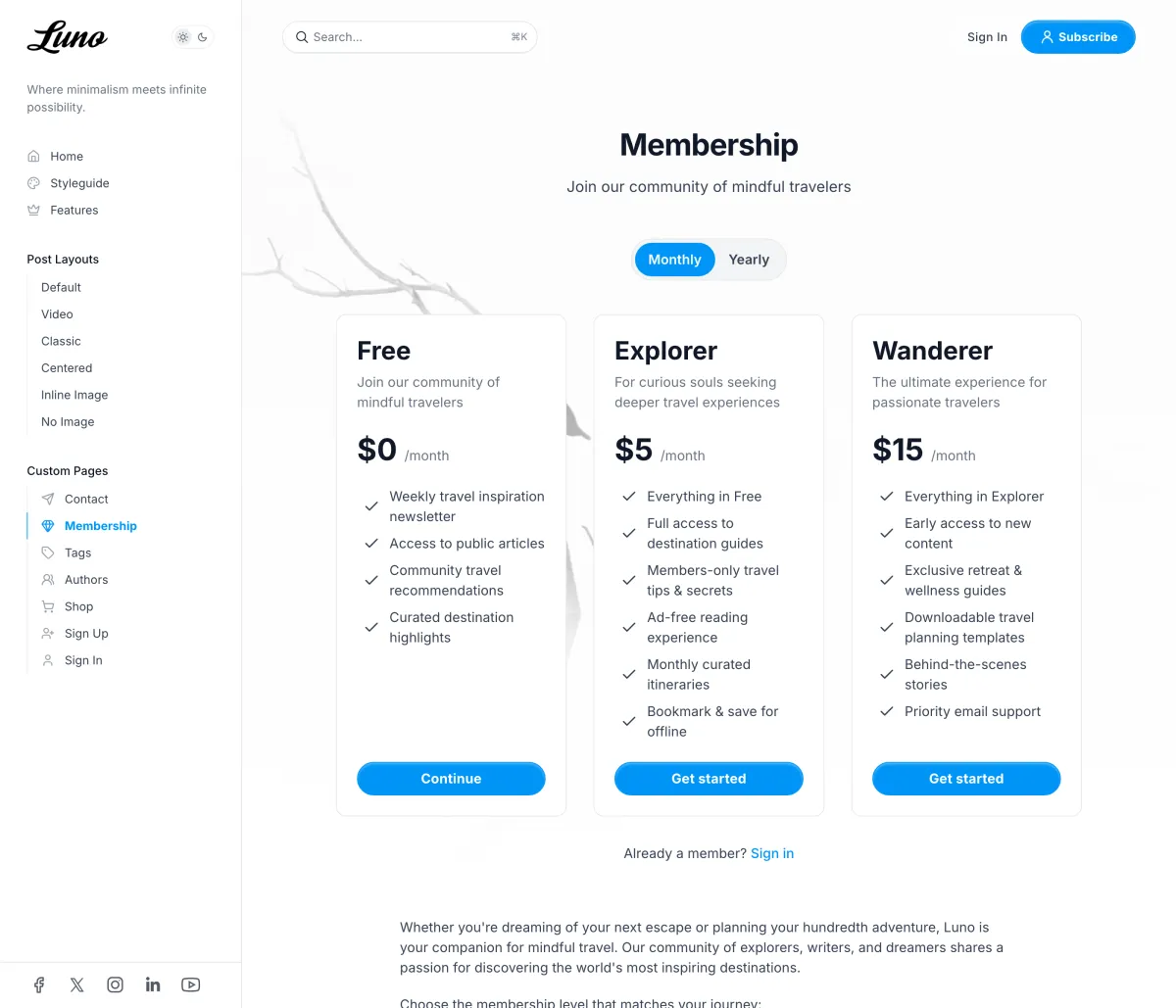 Luno membership page with pricing cards built from Ghost tiers and a monthly to yearly toggle