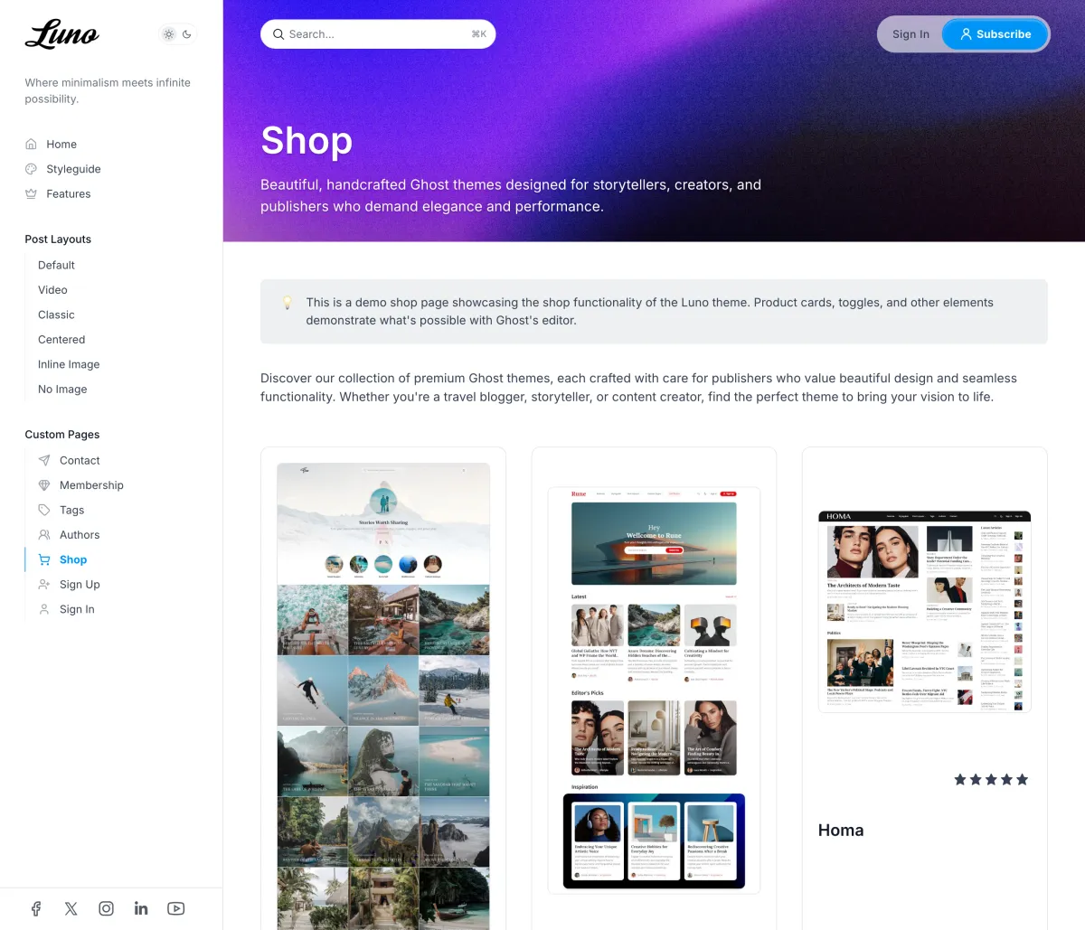 Luno shop page with a full-width header and product cards in a three-column grid