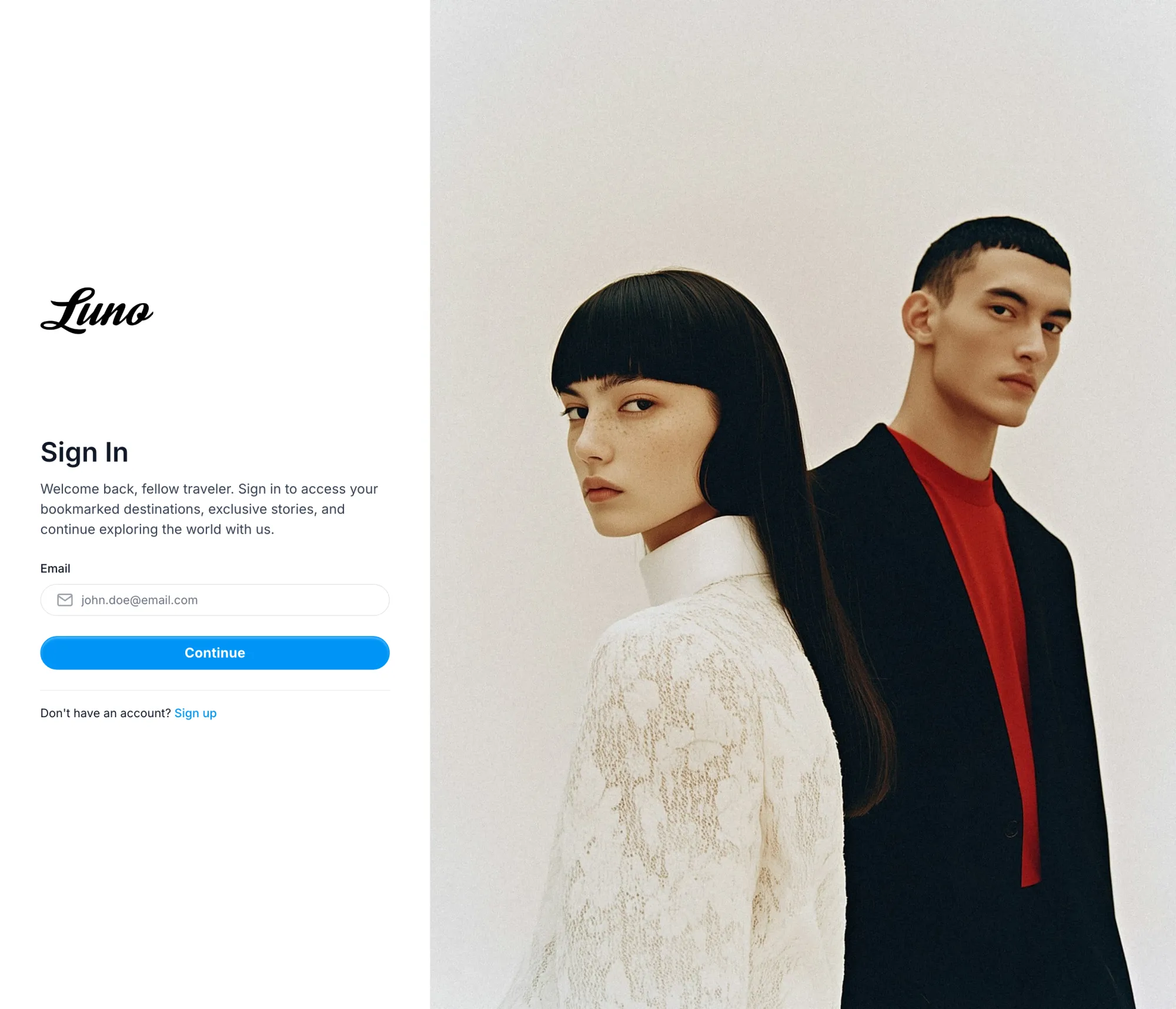 Luno Ghost theme custom Sign In page template with a login form and feature image on the right side
