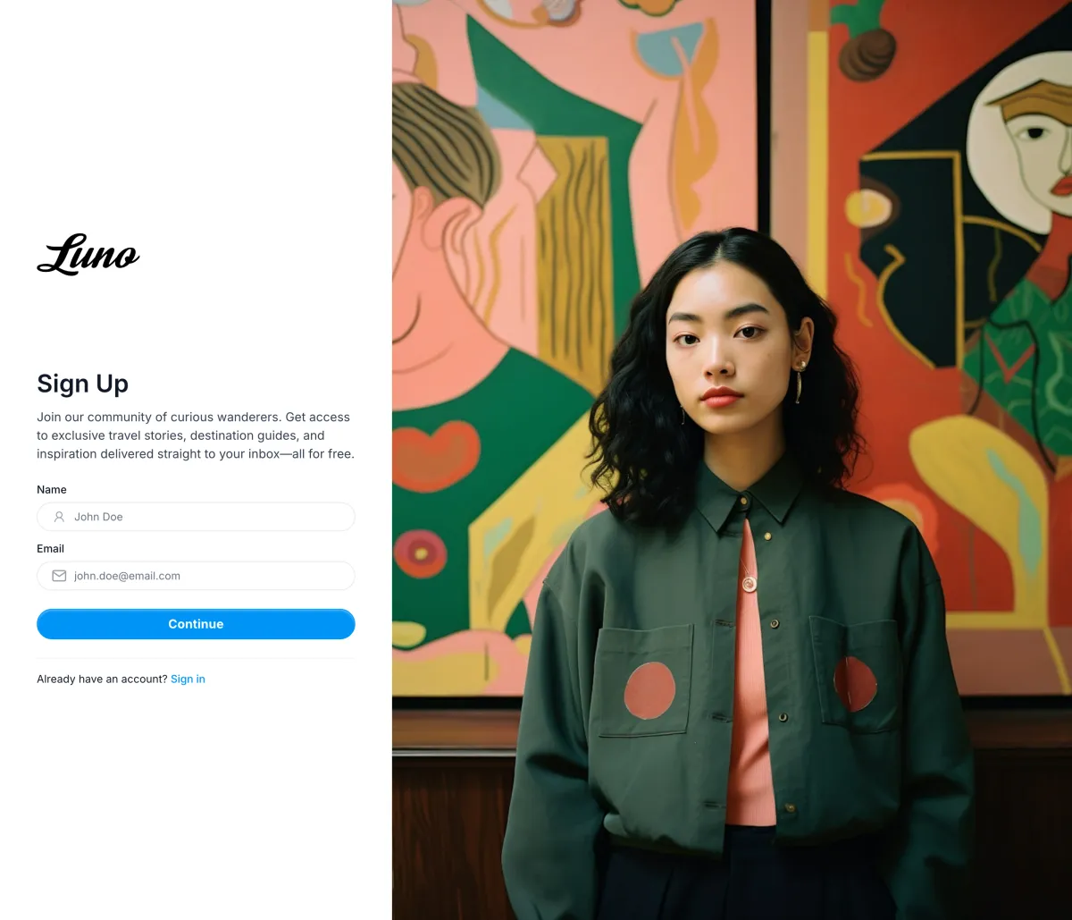 Luno sign-up page with the form on the left and a photograph filling the right half