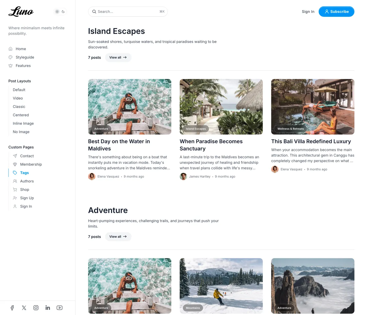 Luno tags page with each tag's image, description, post count and three latest posts