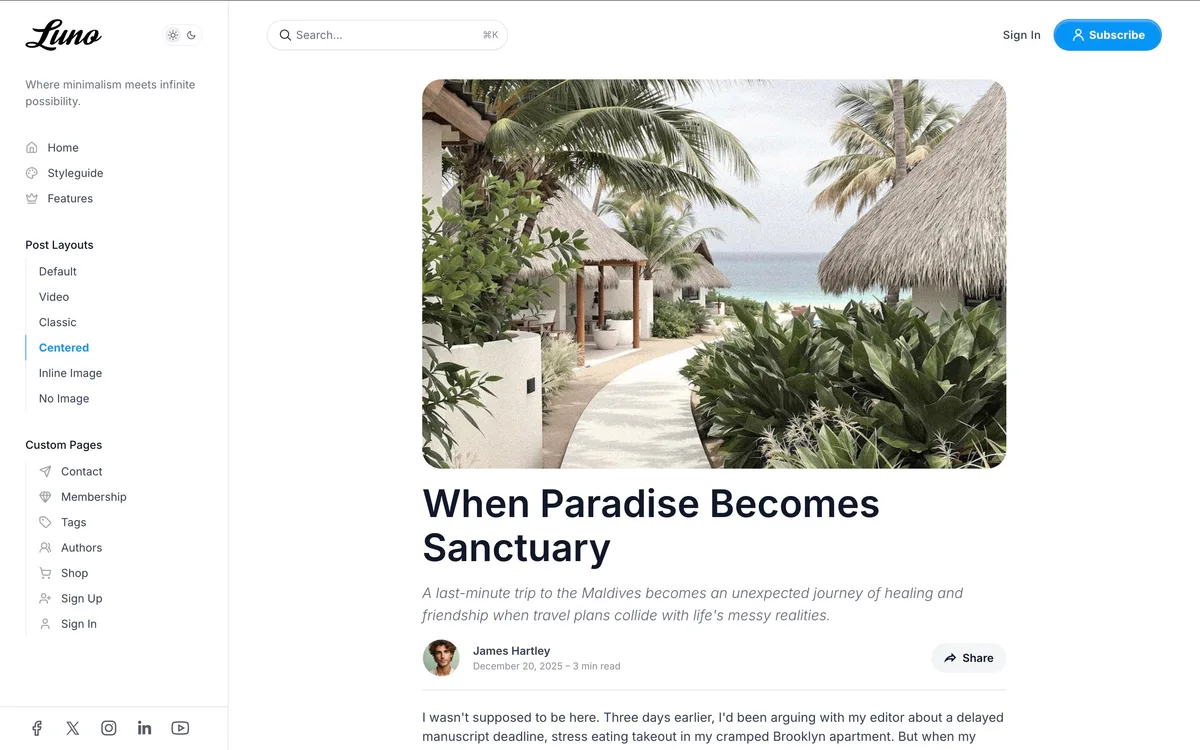 Luno Ghost theme centered post template showing symmetrical layout with centered headline and body text