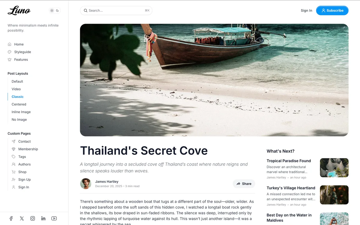 Luno Ghost theme classic post template showing traditional blog layout with featured image above content