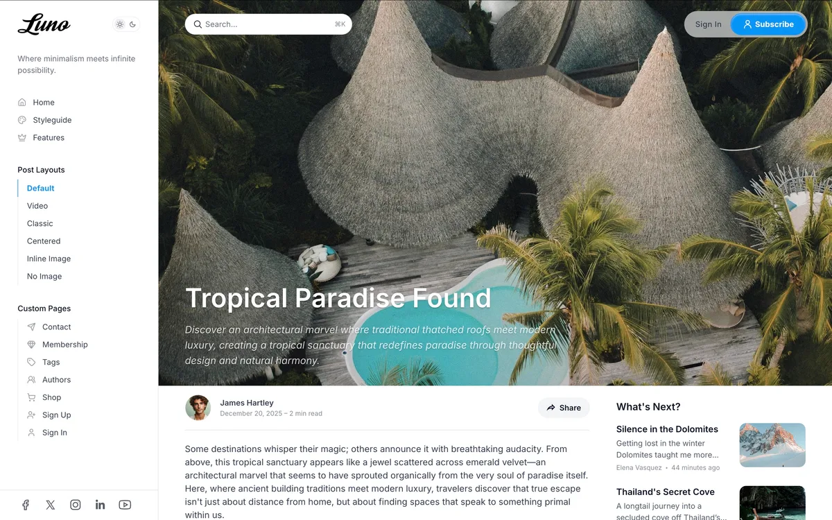 Luno Ghost theme default post template showing article with sidebar navigation and table of contents