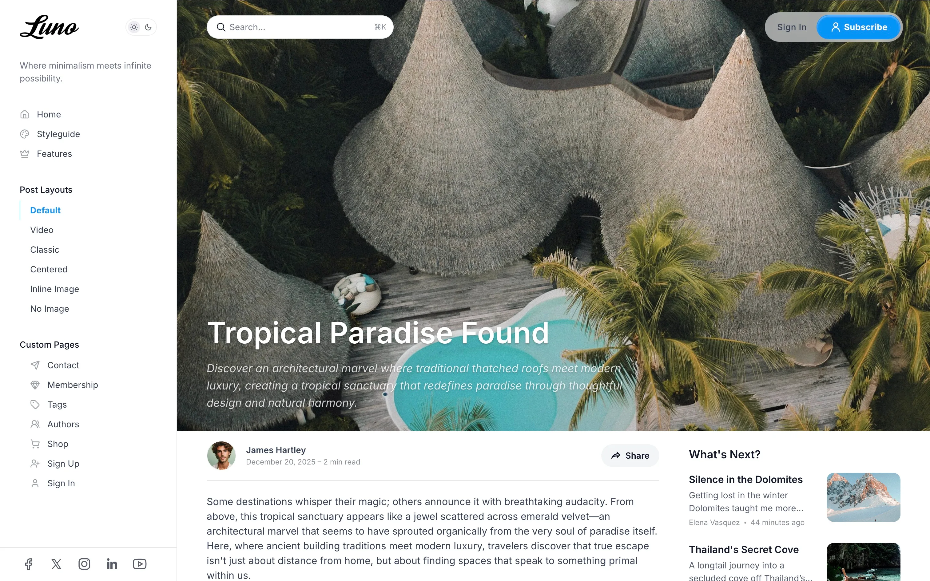 Luno Ghost theme default post template with feature image at top and content beside a sidebar