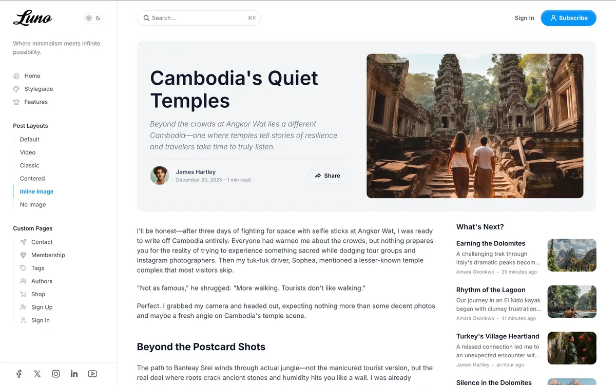 Luno Ghost theme inline image post template showing featured image embedded within article header