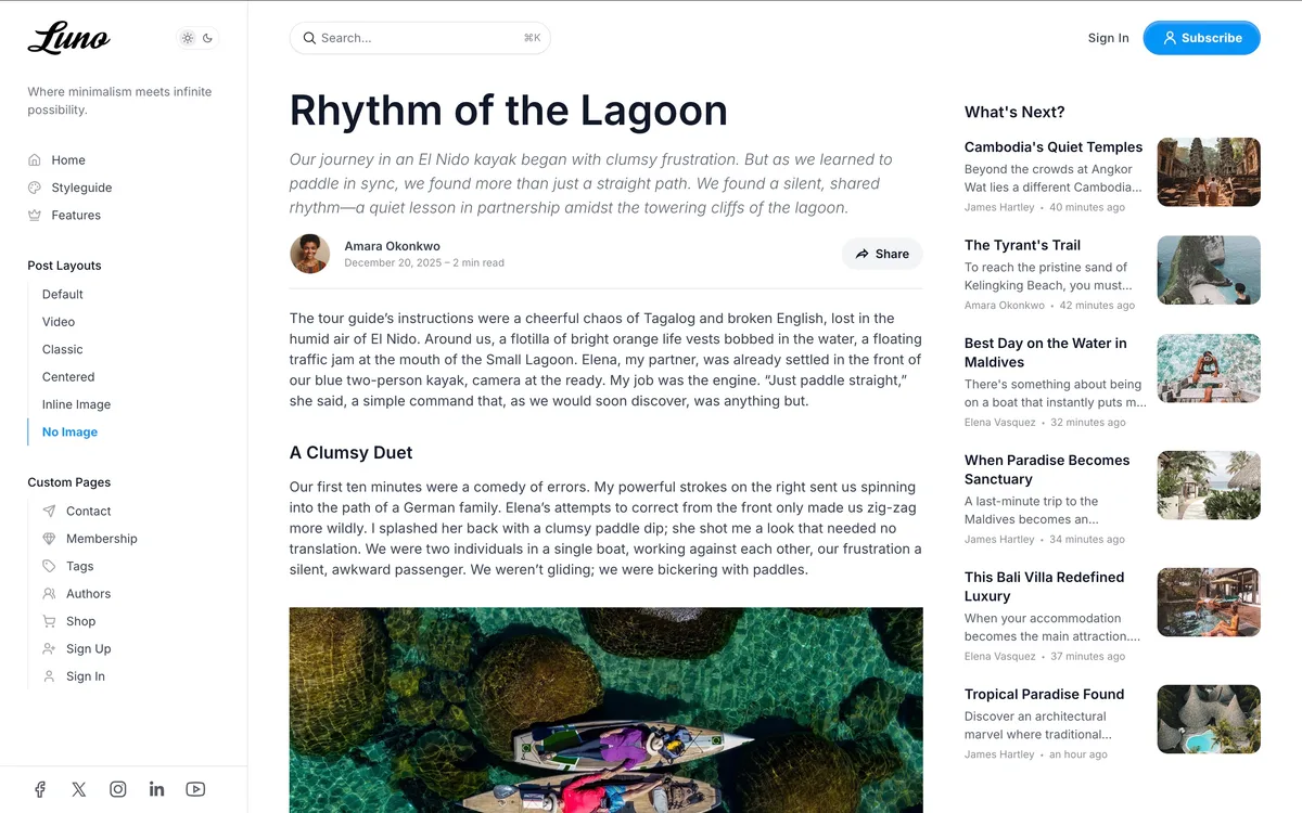 Luno Ghost theme text-only post template showing clean typographic layout without featured image