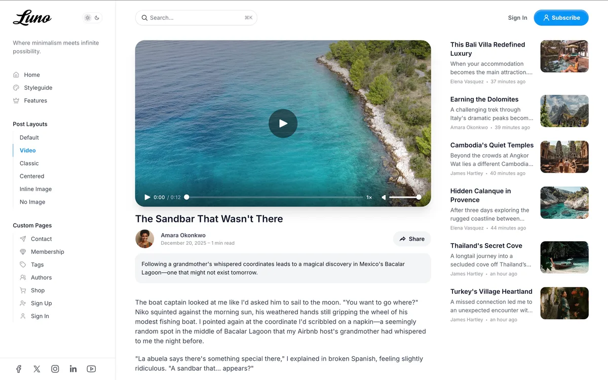 Luno Ghost theme video post template showing embedded video player with article content below