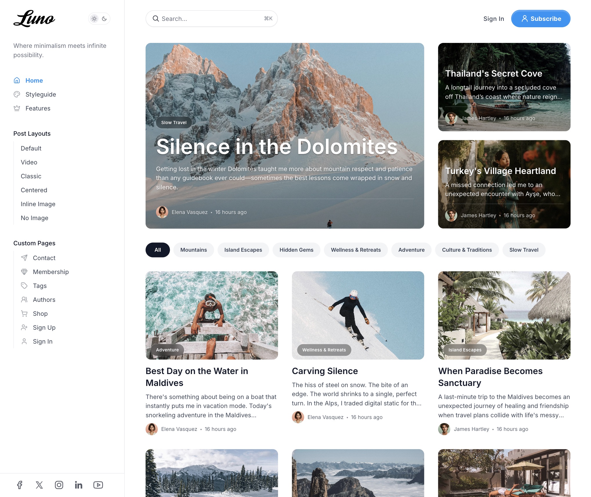 Luno Ghost theme preview - Professional publishing design with multiple layouts and customization options