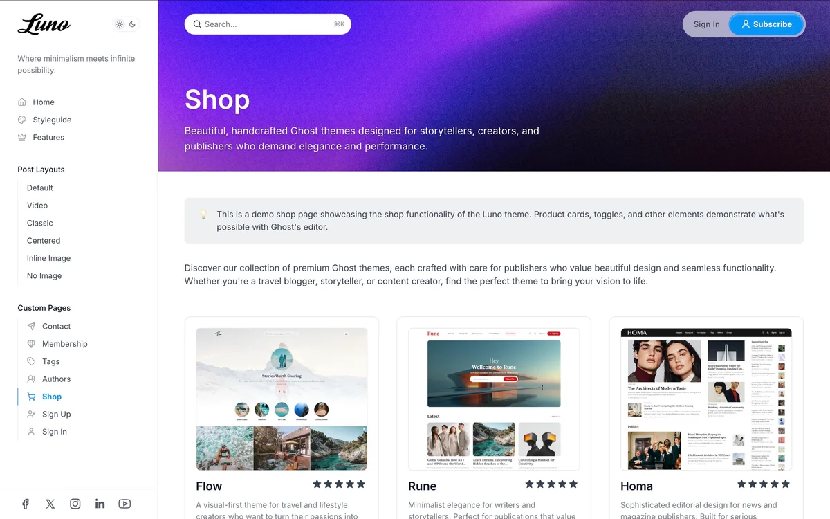 Luno Ghost theme shop page template showing product grid with pricing cards and purchase buttons