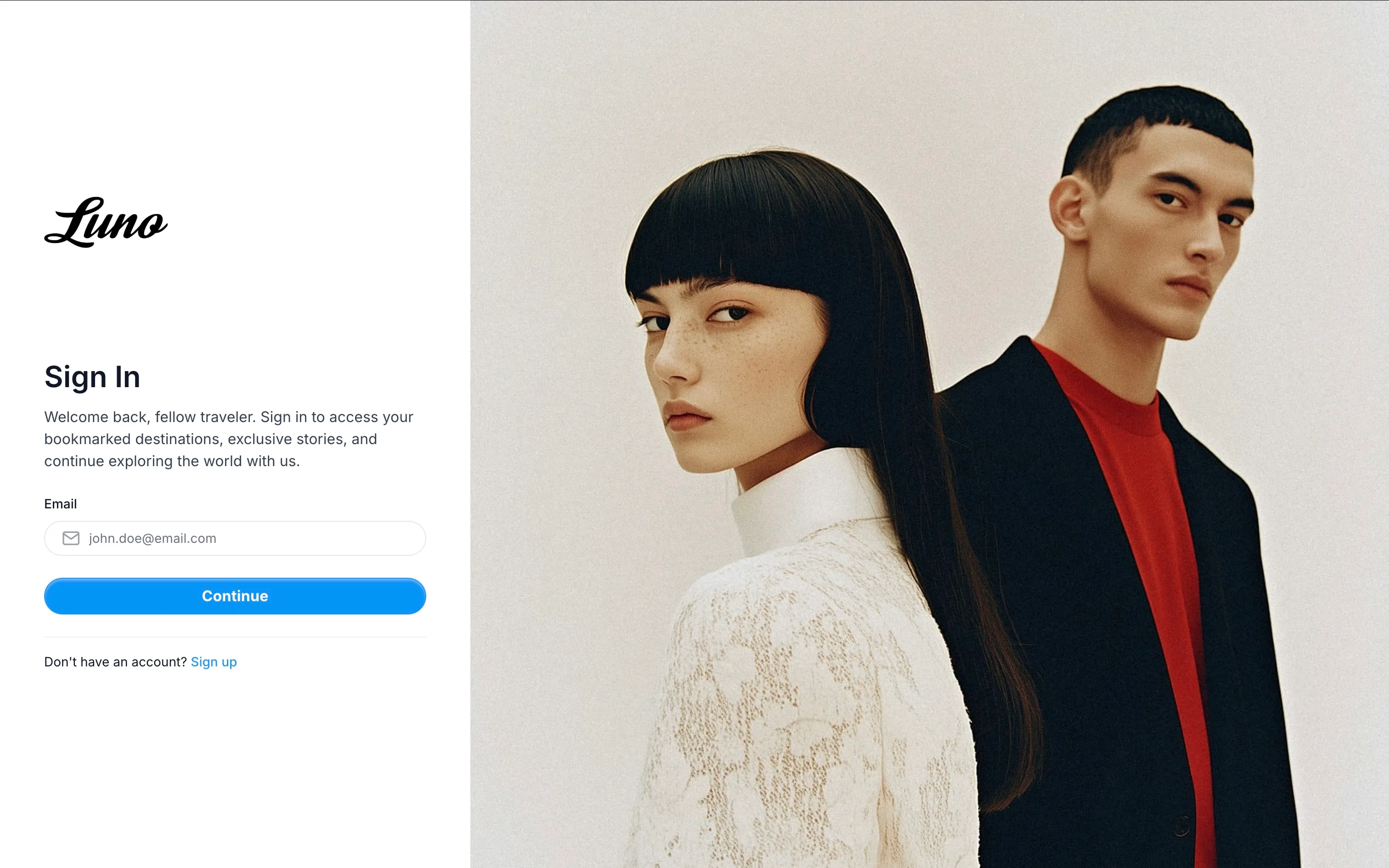 Luno Ghost theme custom Sign In page template with a login form and feature image on the right side