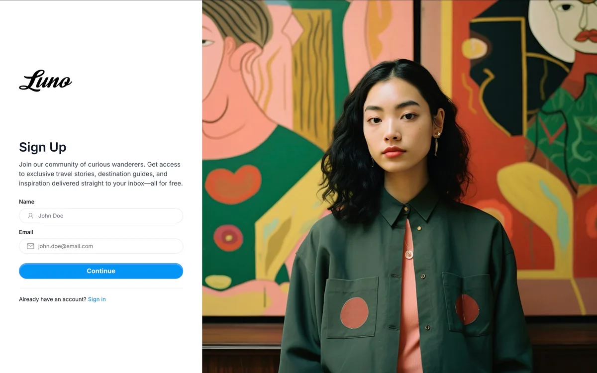 Luno Ghost theme custom sign-up page showing subscription registration form with membership tier selection