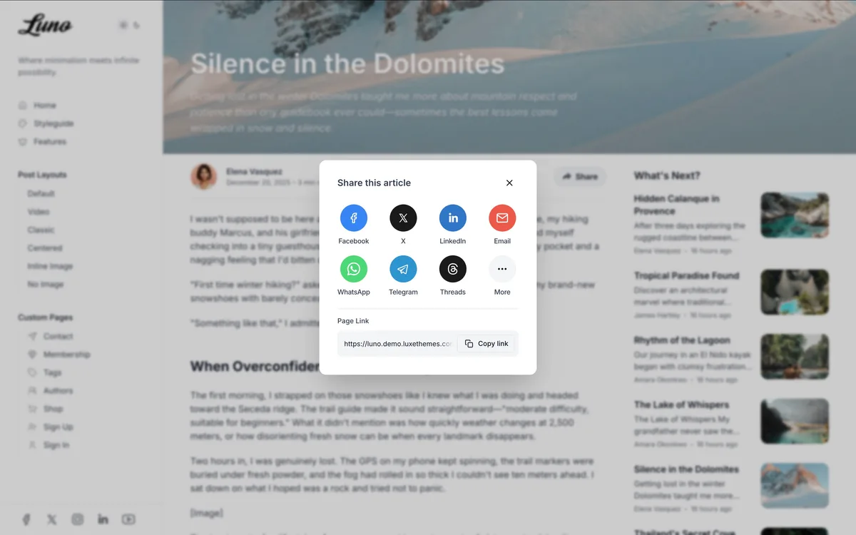 Luno Ghost theme social sharing buttons on desktop showing share icons for Twitter Facebook and LinkedIn on article page
