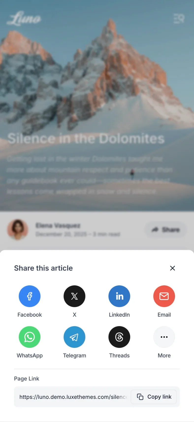 Luno Ghost theme social sharing on mobile showing responsive share buttons optimized for touch screens