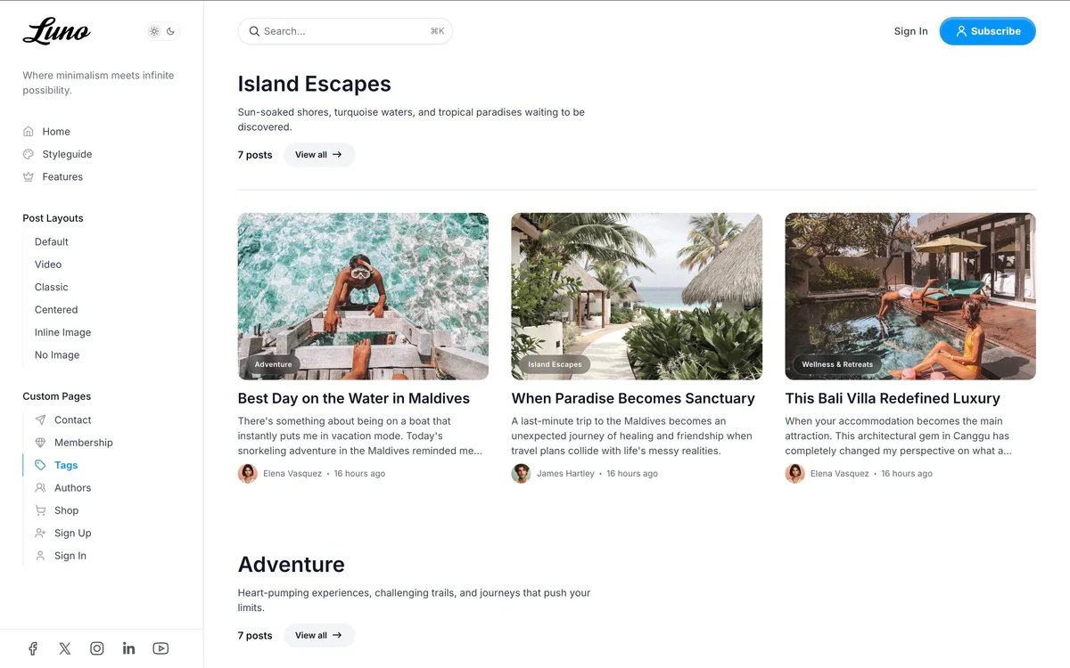 Luno Ghost theme tags archive page showing organized topic categories with post counts and descriptions