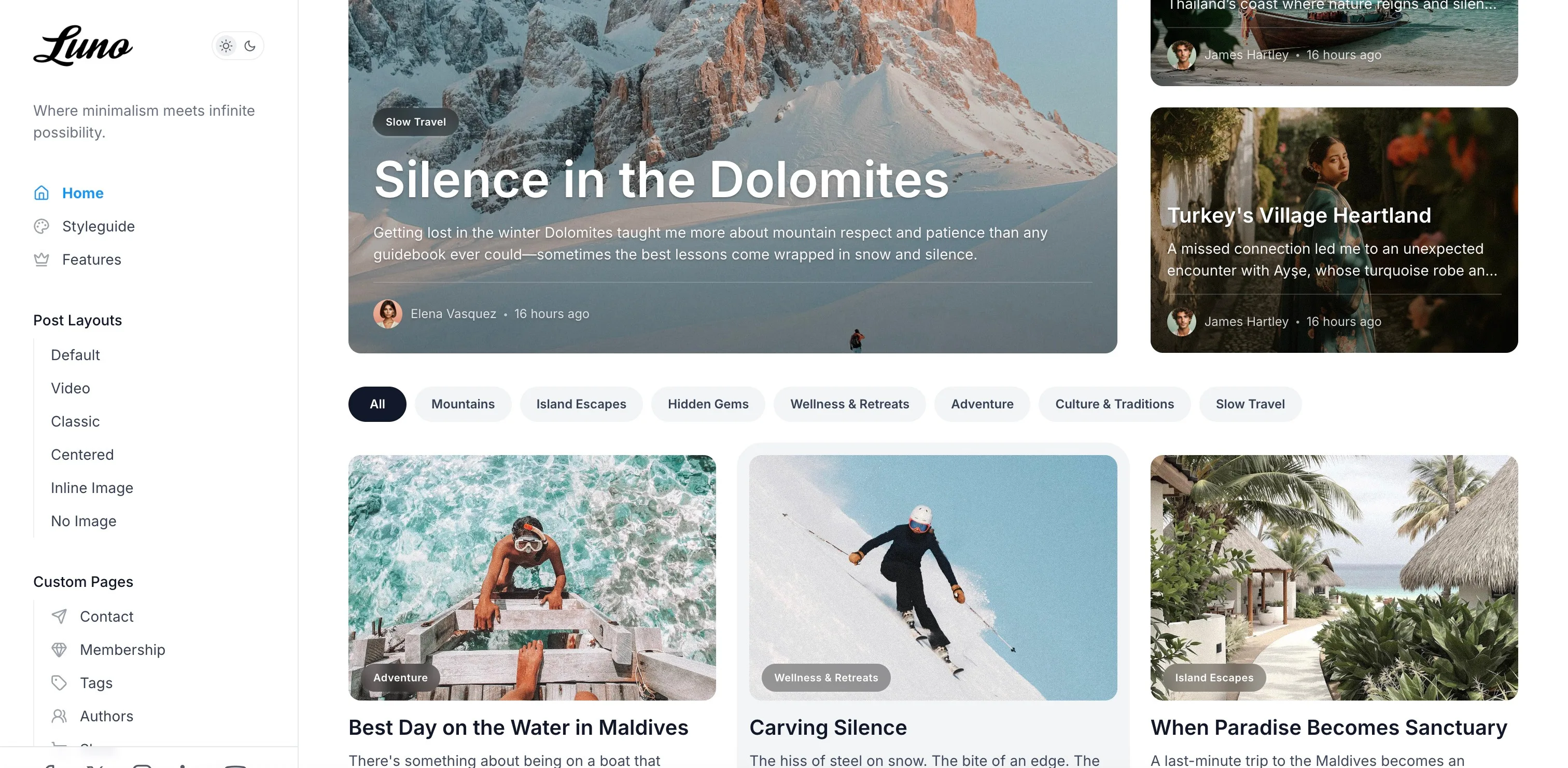 Luno Ghost theme homepage tags filter carousel with horizontally scrolling popular tag buttons