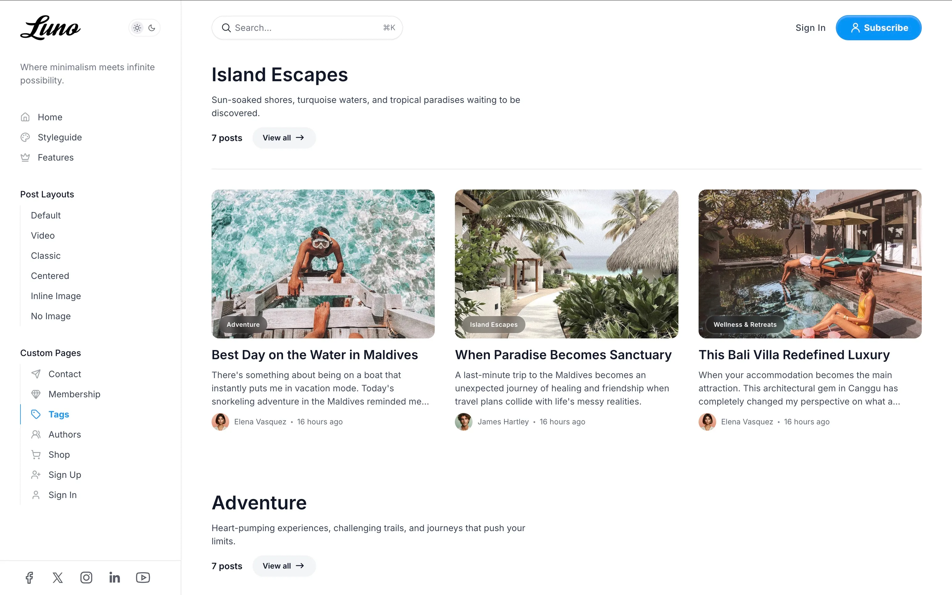 Luno Ghost theme Tags page template listing all site tags with descriptions and feature images