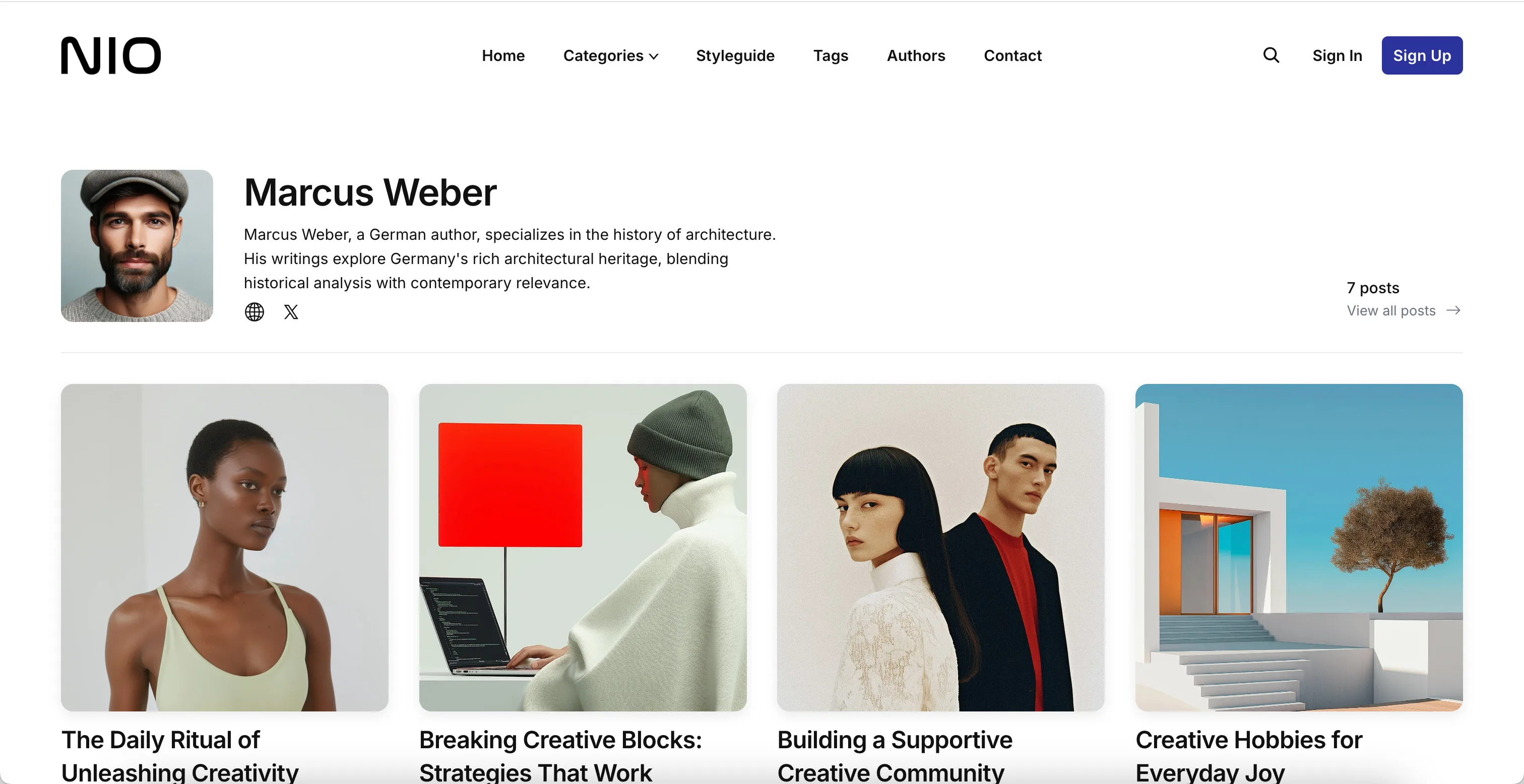 Nio Ghost theme authors page listing contributors with profile images and bios