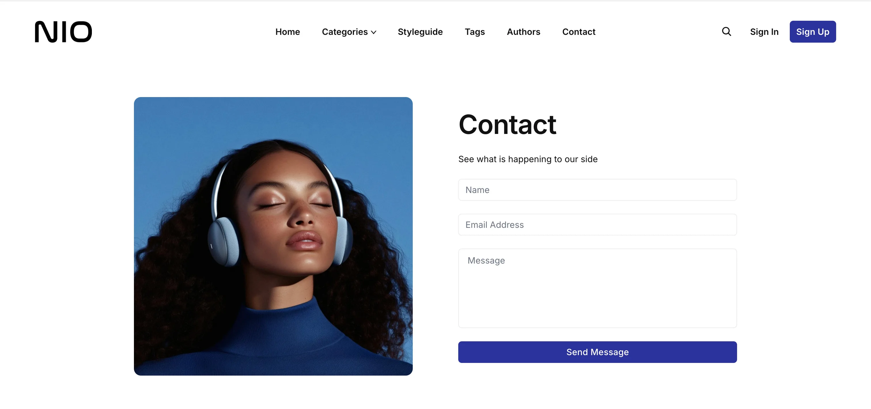 Nio Ghost theme contact page with a message form for visitor submissions