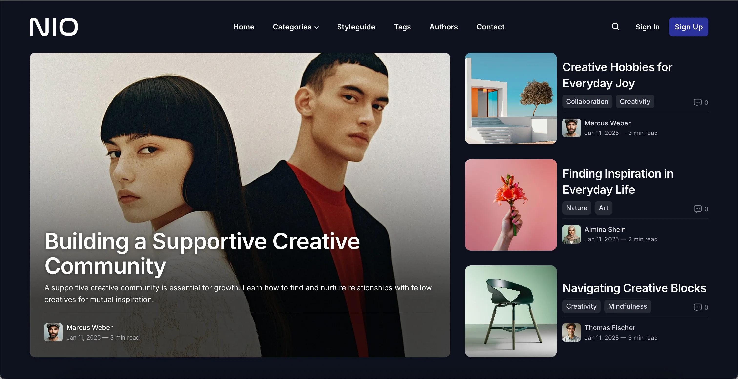Nio Ghost theme homepage in dark color scheme with dark background