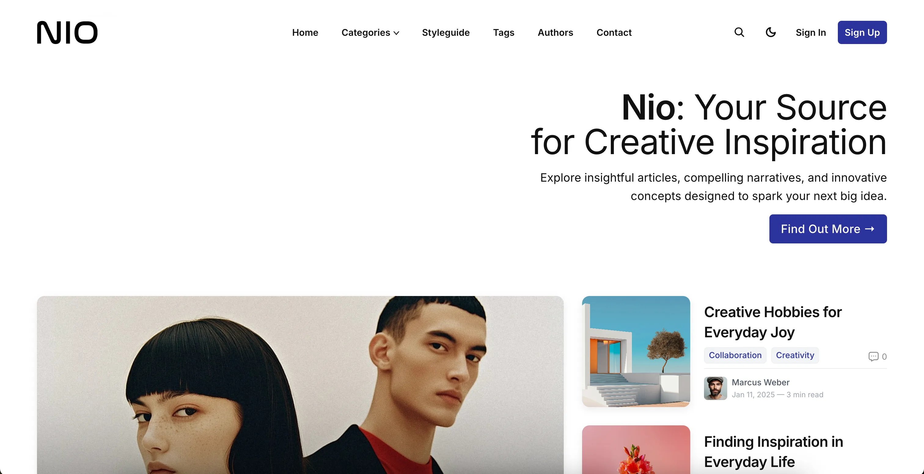 Nio Ghost theme hero section with right aligned title and description
