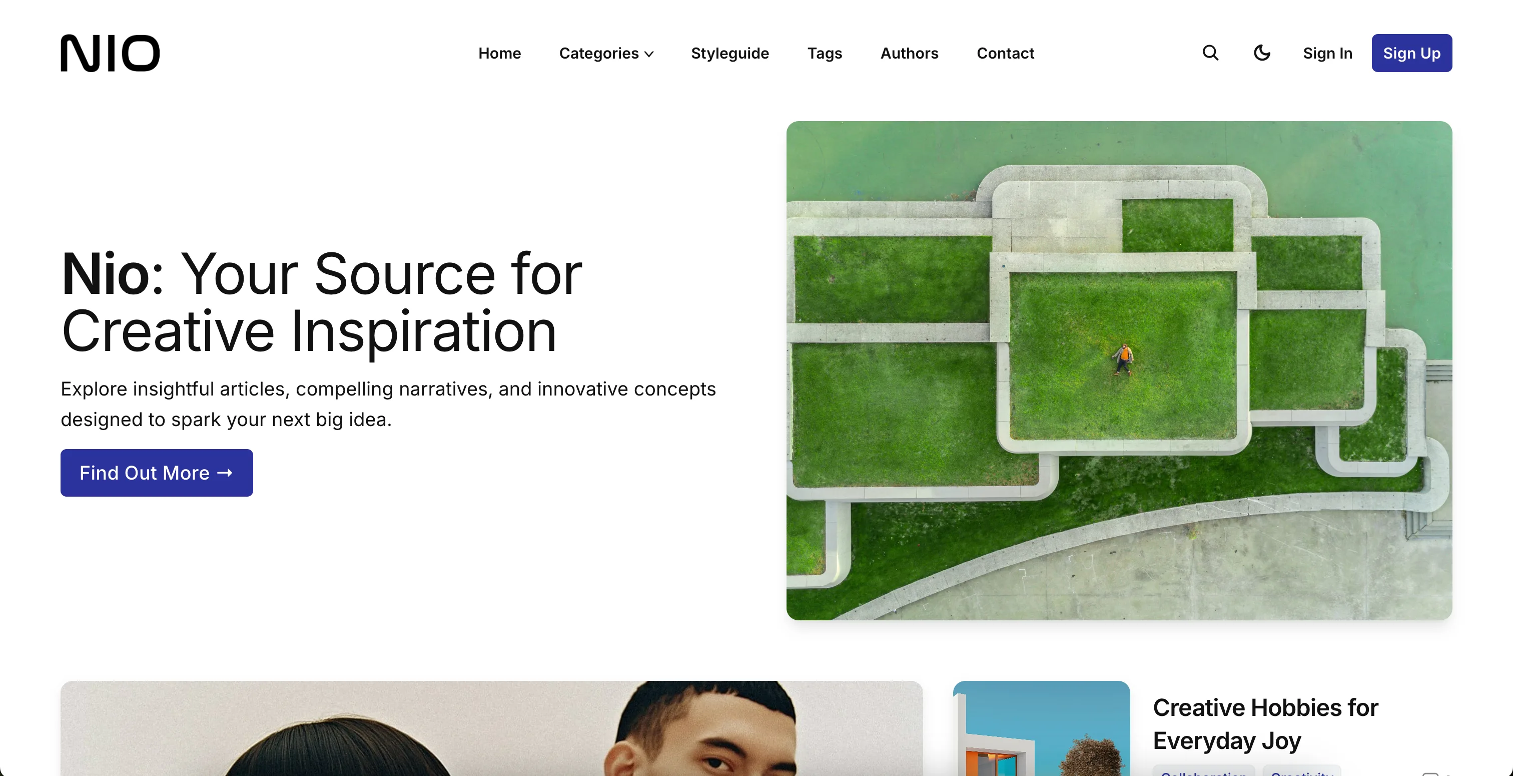 Nio Ghost theme hero section left aligned with site cover image on the right