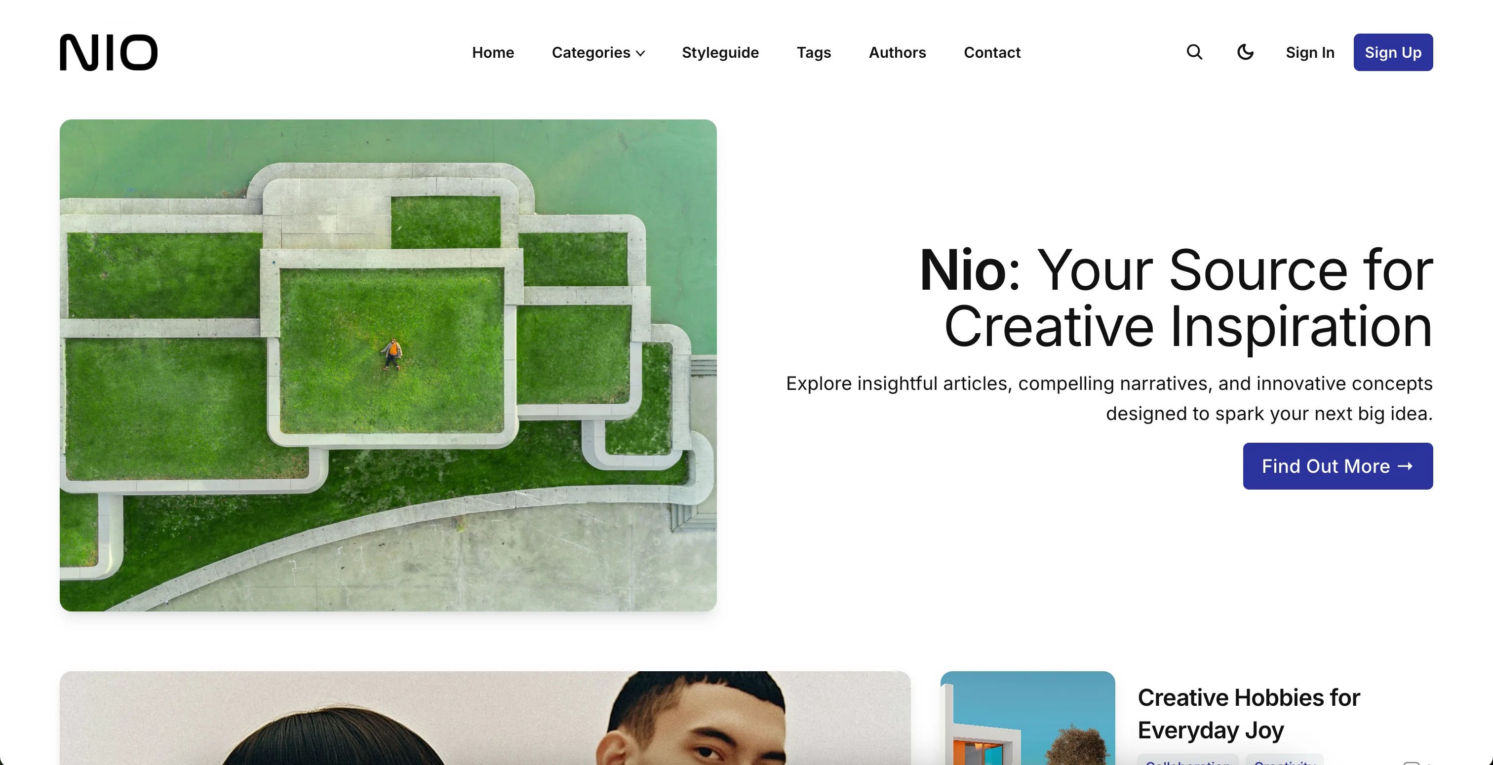 Nio Ghost theme hero section right aligned with site cover image on the left